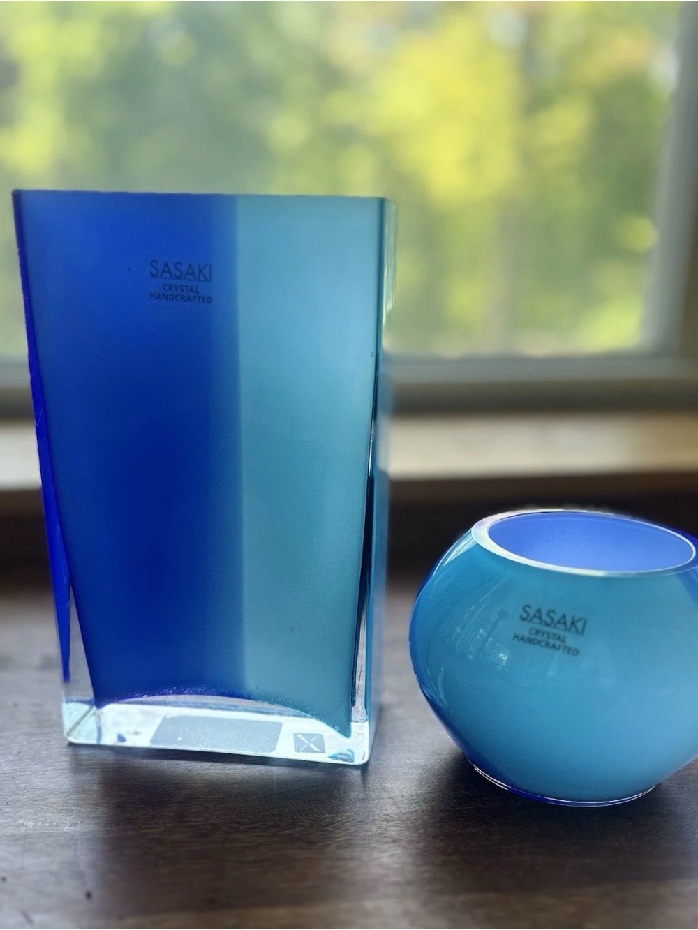 Vintage Sasaki Crystal Blue Ombre Vase & Votive Candle Holder Set